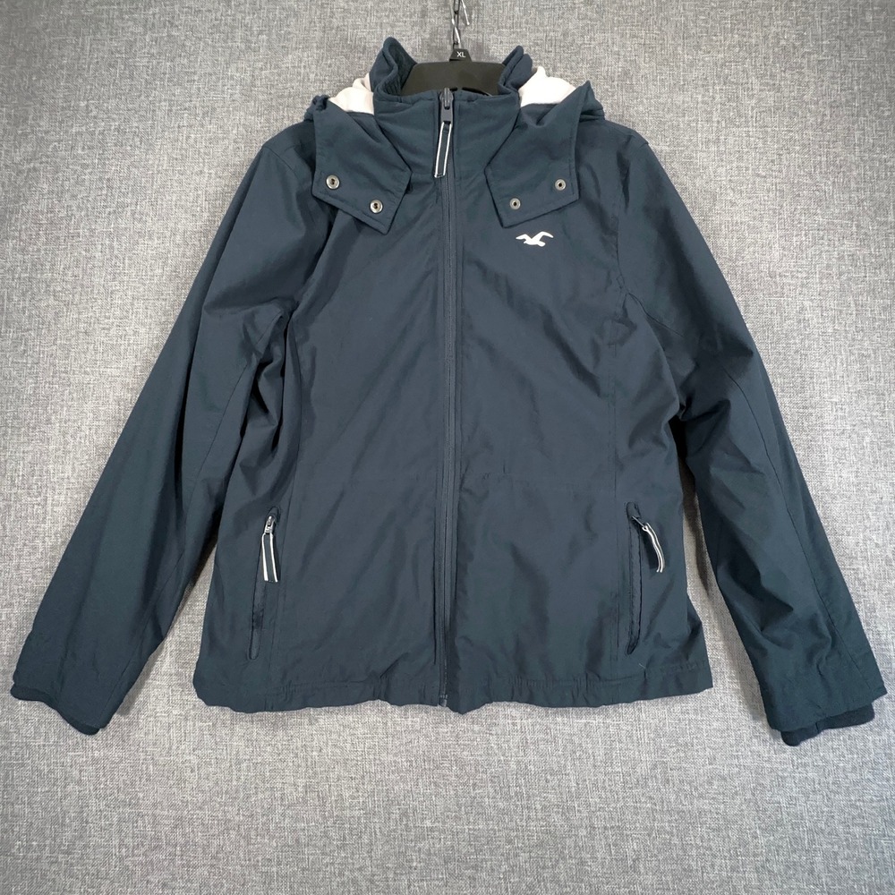 Hollister All-Weather Jacket Womens XL Navy Blue Hooded Fleece Lined Stretch
